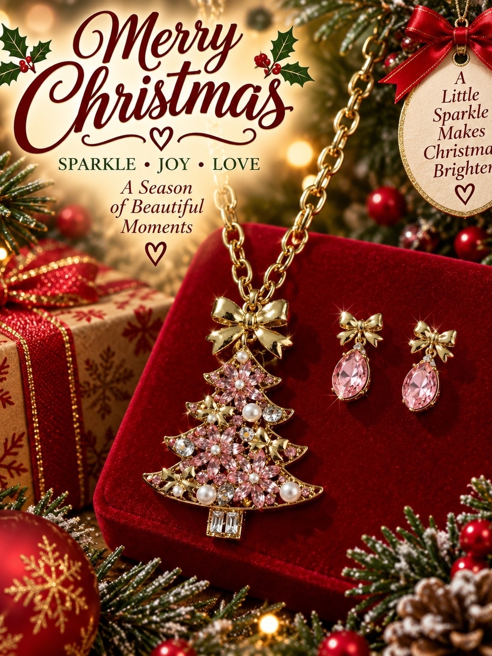 Gold-Tone Pink Crystal Christmas Tree Necklace with Matching Earrings